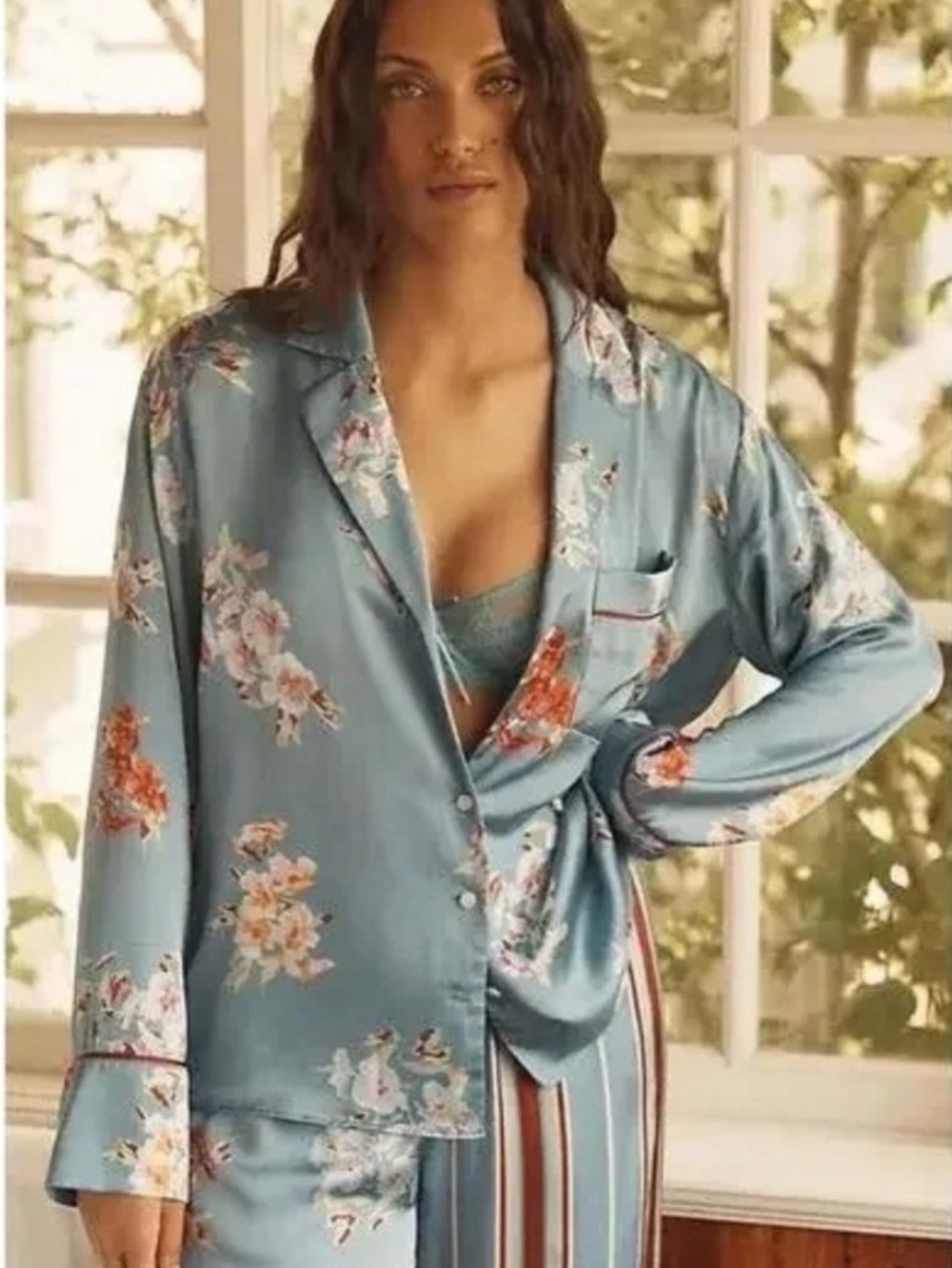 Anthropologie Lyrebird Silky Oversized Button-Front Floral Pajama Shirt Slate